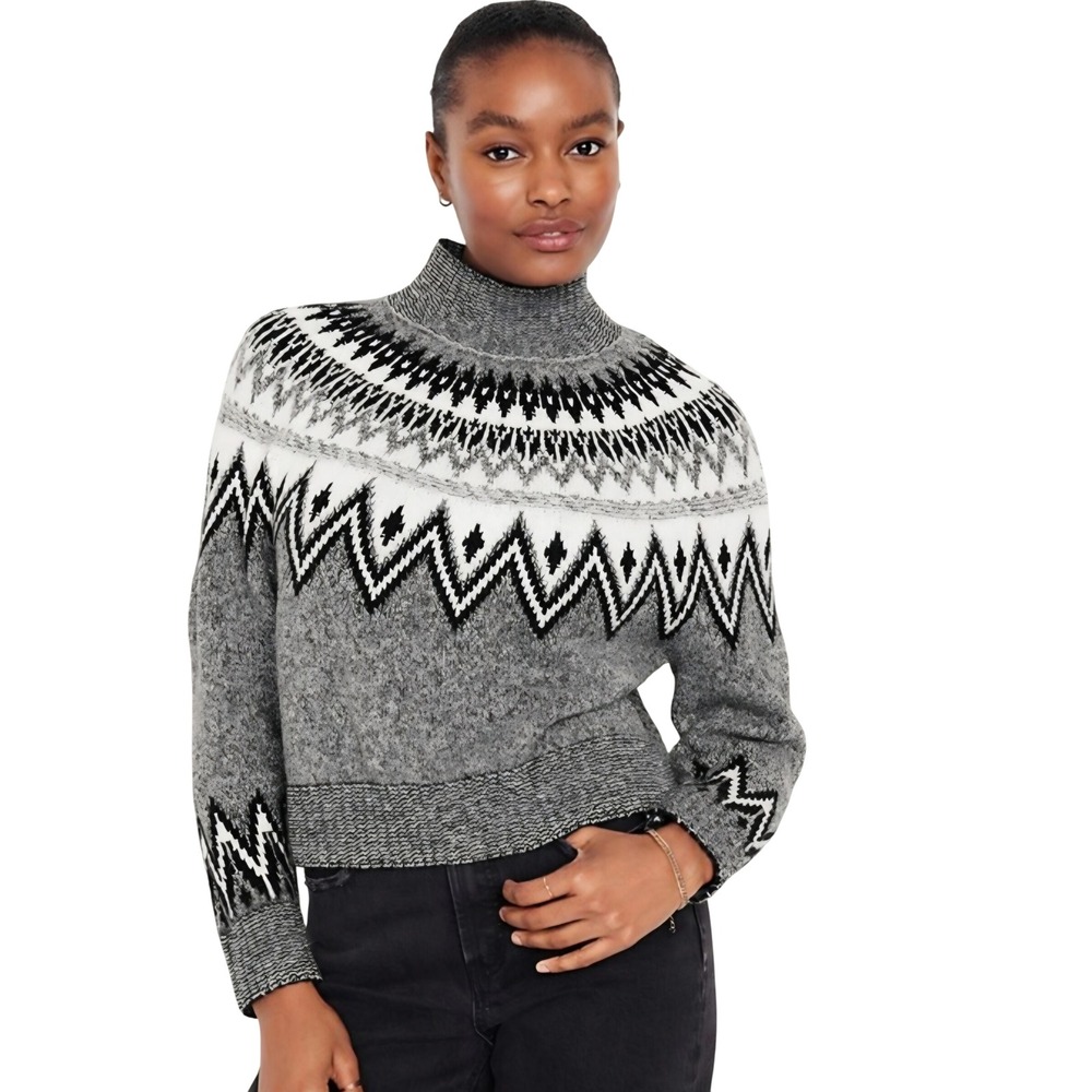 Old Navy Womens Gray‎ Fair Isle Mock Neck Thick Knit Sweater Large RN54023